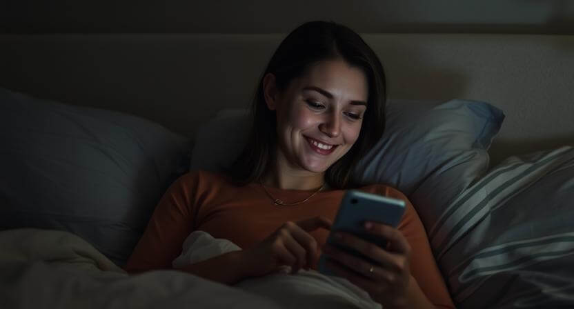Wanita muda tersenyum sambil menggunakan smartphone di tempat tidur pada malam hari