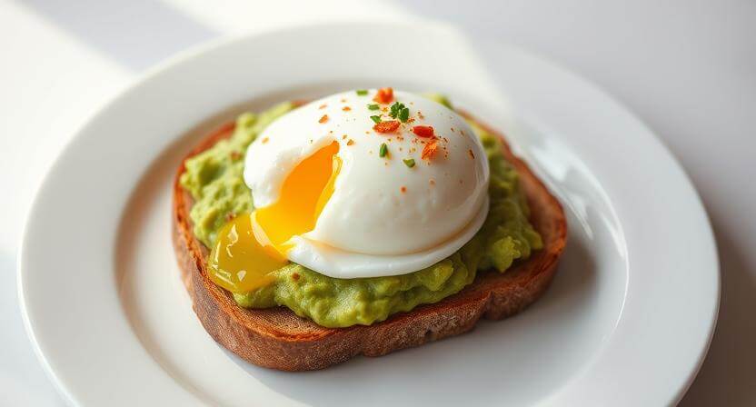 Telur rebus dengan kuning telur encer di atas roti panggang alpukat yang dihias dengan serpihan cabai dan bumbu di piring putih