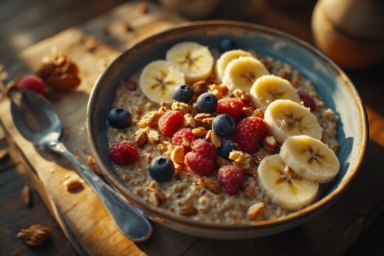 Semangkuk oatmeal dengan irisan pisang, raspberry, blueberry, dan granola di atas papan kayu.