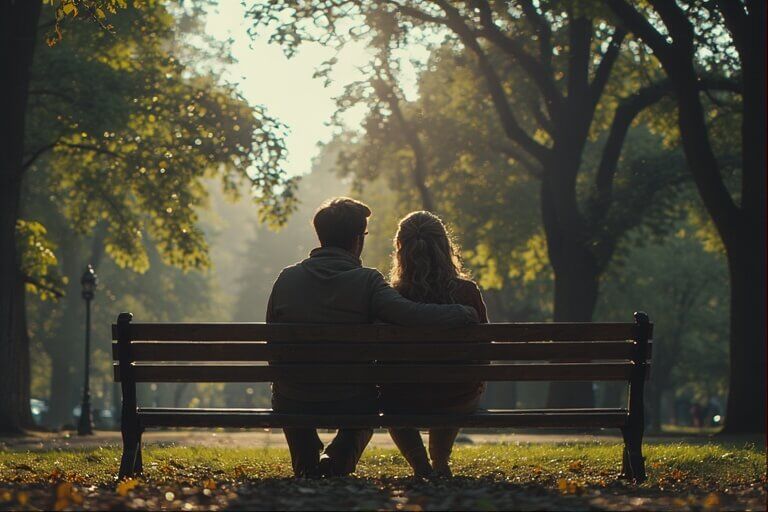 Pasangan duduk di bangku taman dengan lengan pria melingkari wanita pada hari musim gugur yang cerah.