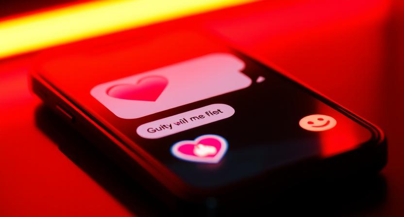 Layar ponsel pintar menampilkan aplikasi perpesanan dengan reaksi hati dan teks 