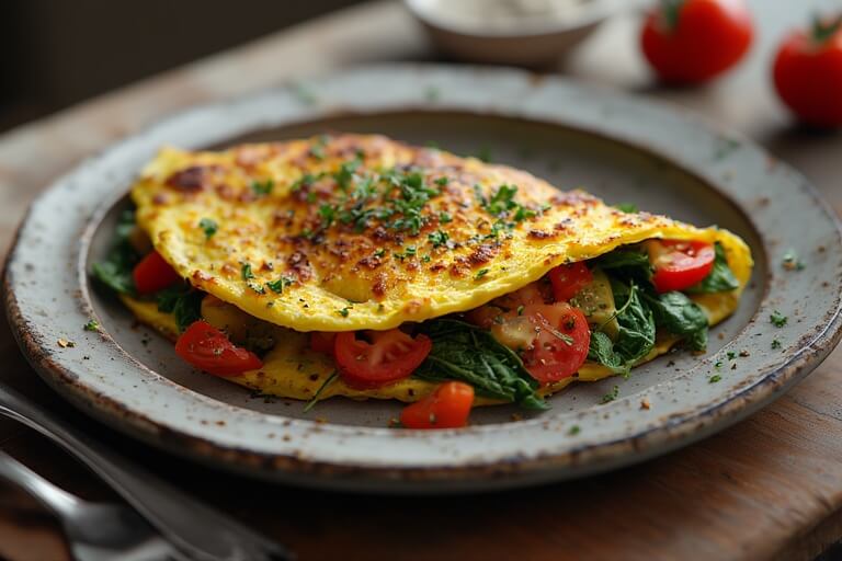 Telur dadar bayam dan tomat dihias dengan bumbu di piring keramik pedesaan.