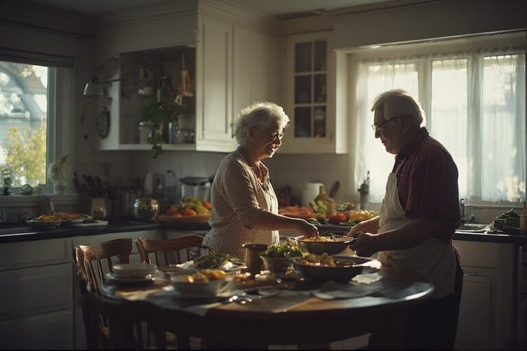 Pasangan lansia menyiapkan makanan bersama di dapur yang terang benderang di meja makan.