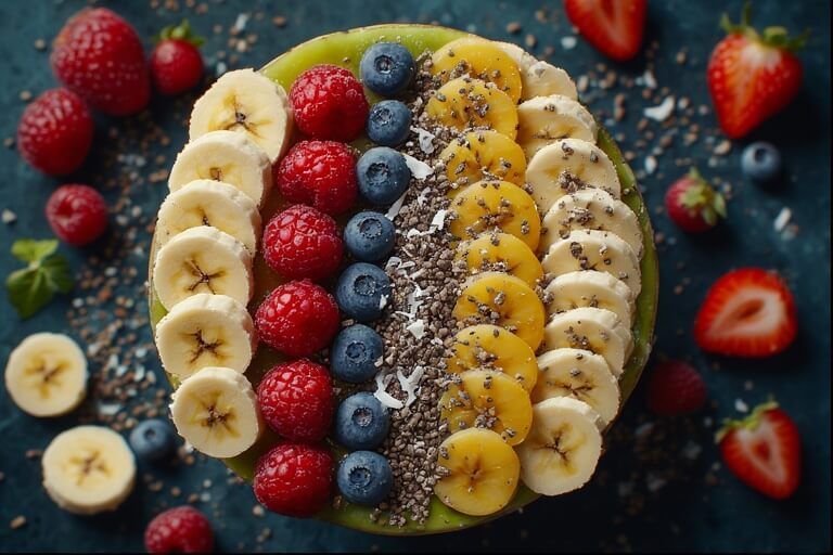 Mangkuk smoothie dengan topping pisang, raspberry, blueberry, kiwi emas, biji chia, dan serpihan kelapa.