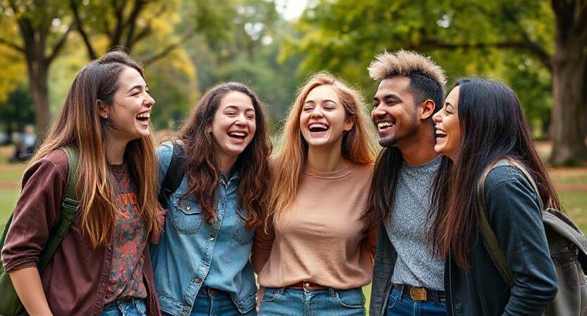 Sekelompok lima orang dewasa muda yang berbeda tertawa bersama di luar ruangan dalam suasana taman