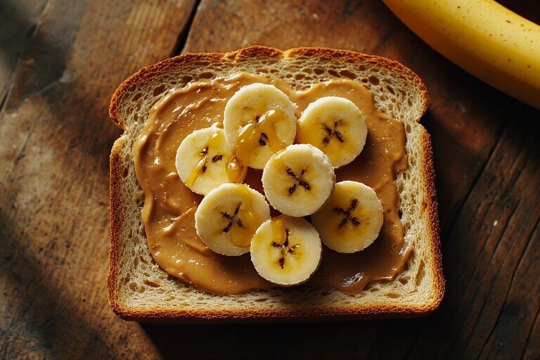 Sepotong roti dengan selai kacang di atasnya diberi irisan pisang dan taburan madu di permukaan kayu.