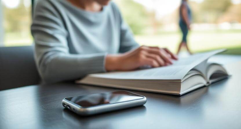 Seseorang membaca buku di meja dengan smartphone diletakkan di dekatnya