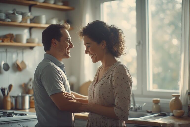 Pasangan tersenyum dan berpegangan tangan di dapur yang diterangi matahari dekat jendela dengan rak dan peralatan memasak.