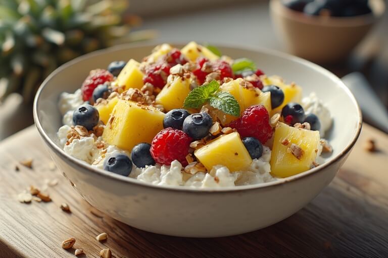 Semangkuk keju cottage dengan potongan nanas, blueberry, raspberry, kacang cincang, dan daun mint di atasnya.