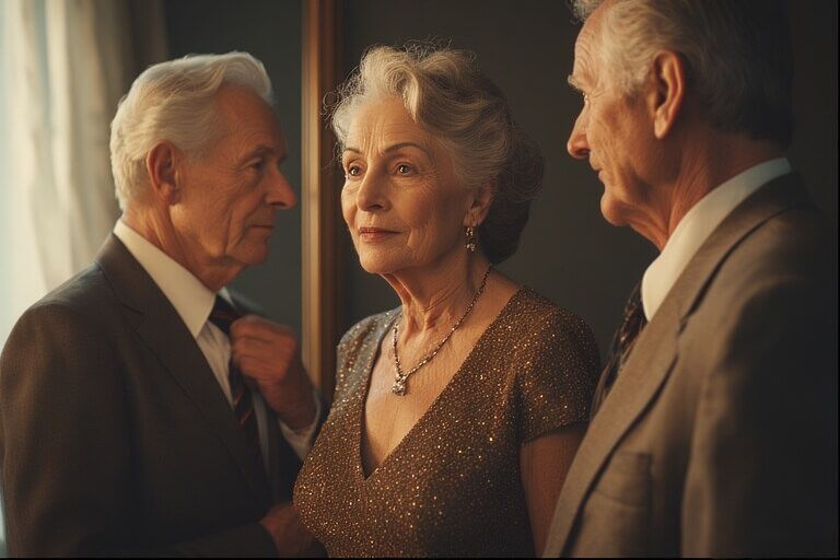 Pasangan lansia berpakaian formal, wanita dengan gaun berkilau dan pria merapikan dasinya, berdiri di dekat cermin.