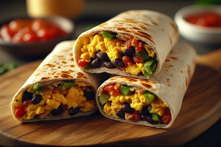 Tiga burrito sarapan diisi dengan telur orak-arik, kacang hitam, paprika hijau, dan salsa di papan kayu.