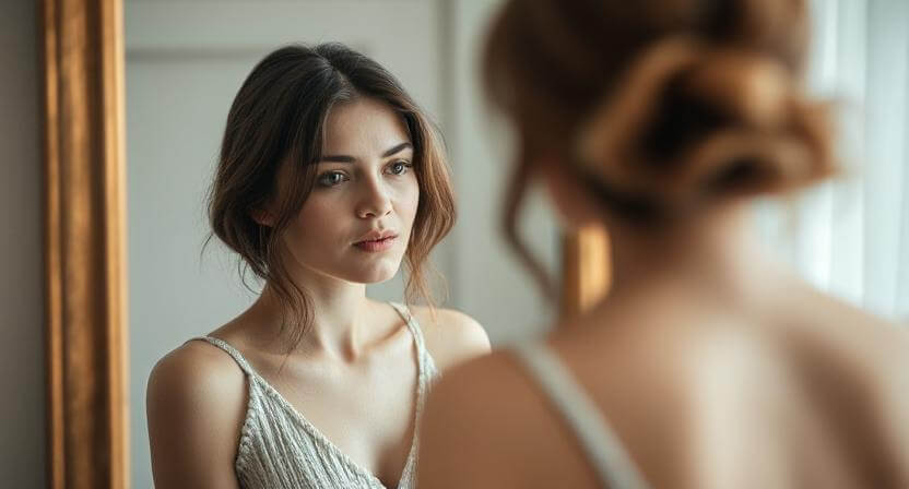 Wanita muda berambut coklat mengenakan atasan tanpa lengan berwarna putih memandang dirinya di cermin