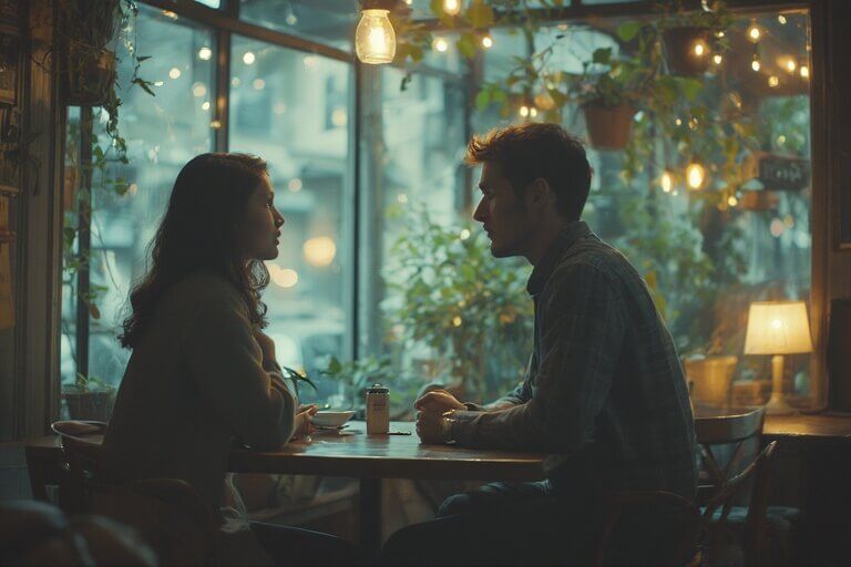 Pria dan wanita duduk berhadapan di meja di kafe remang-remang dengan lampu gantung dan tanaman.