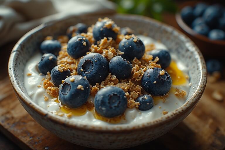 Semangkuk yogurt dengan topping blueberry segar, granola, dan madu di permukaan kayu.