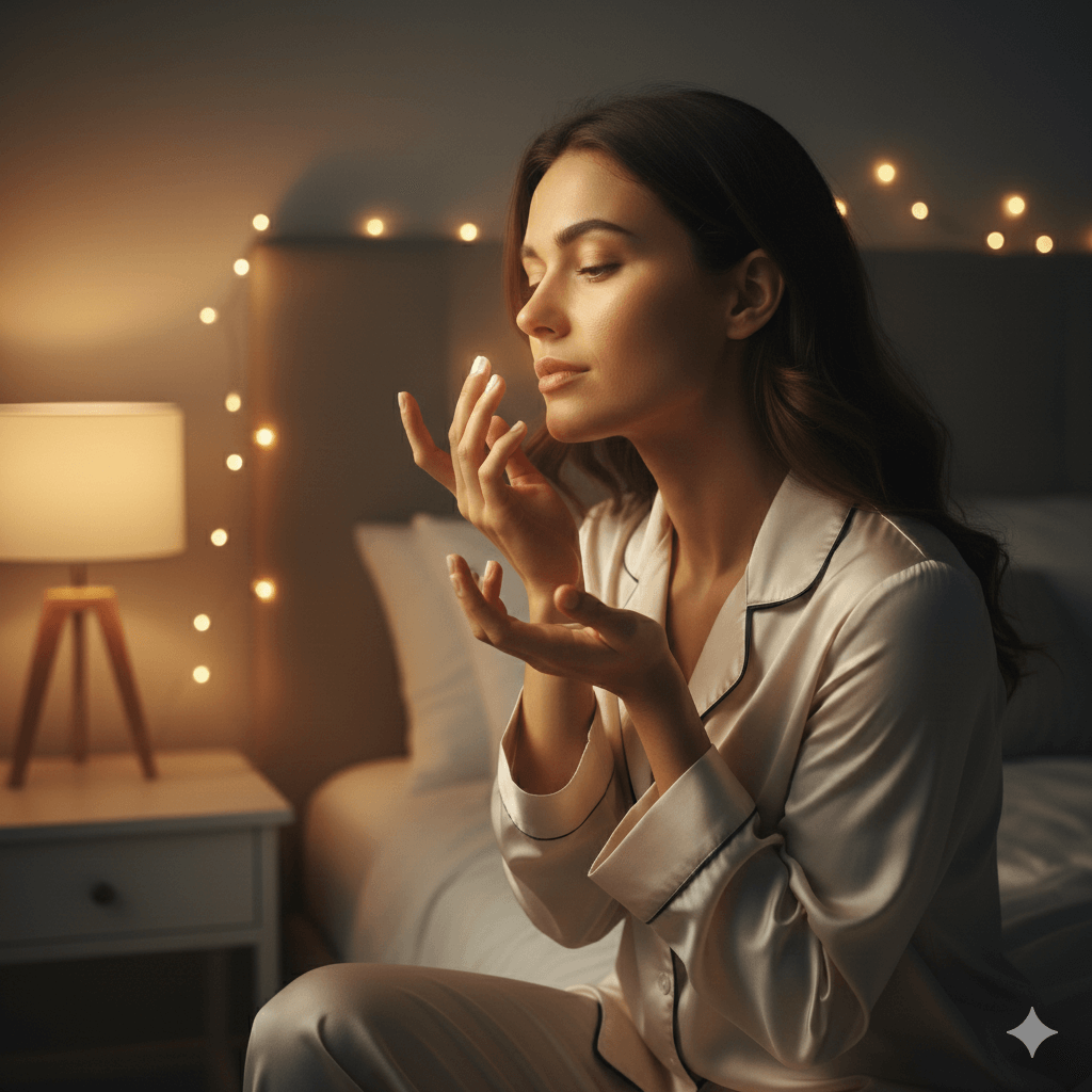 Wanita dengan piyama satin mengaplikasikan krim perawatan kulit di kamar tidur yang terang dengan lampu peri dan lampu samping tempat tidur