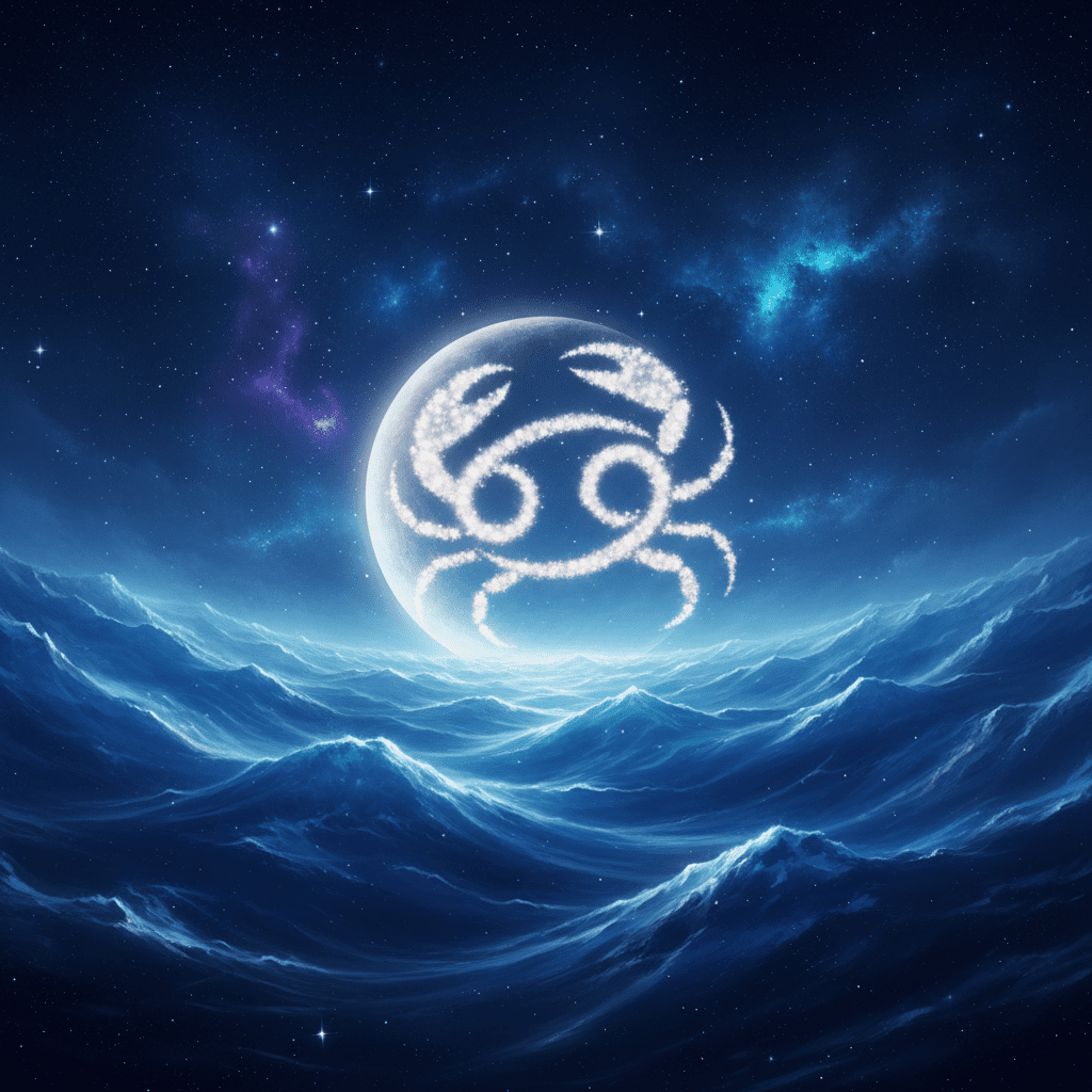 Simbol zodiak Cancer bersinar dibentuk oleh bintang-bintang di atas lautan yang diterangi cahaya bulan di bawah langit malam berbintang.