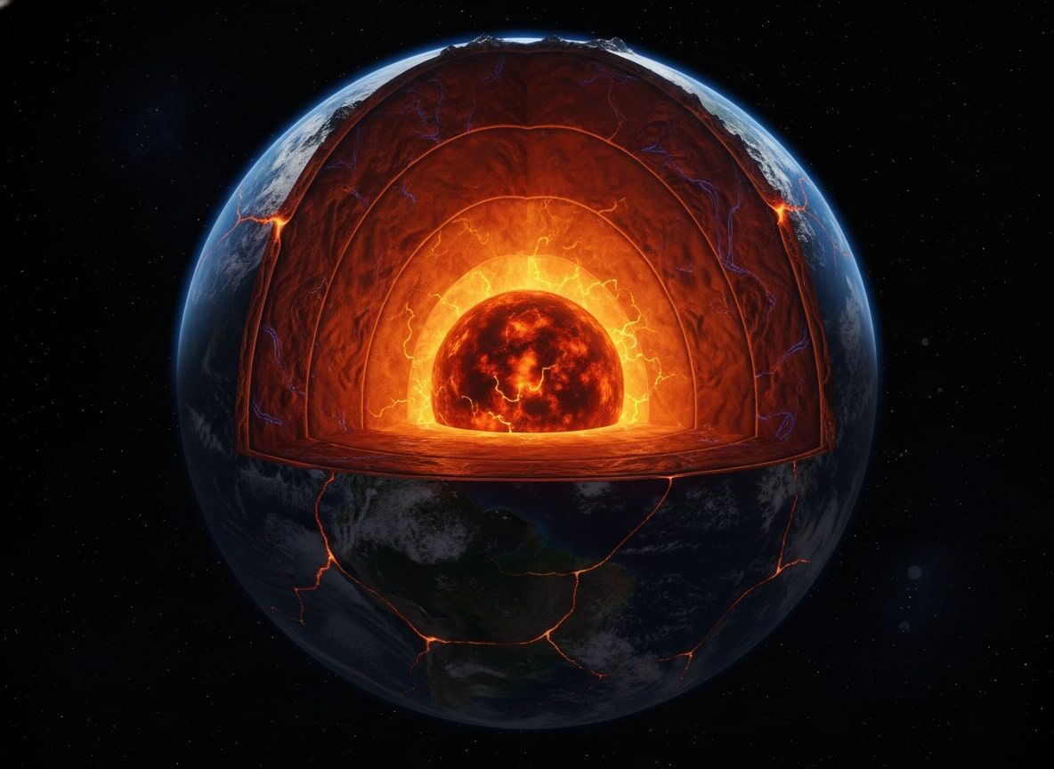 Penampang bumi menunjukkan inti cair dan kerak retak dengan aliran magma yang terlihat.