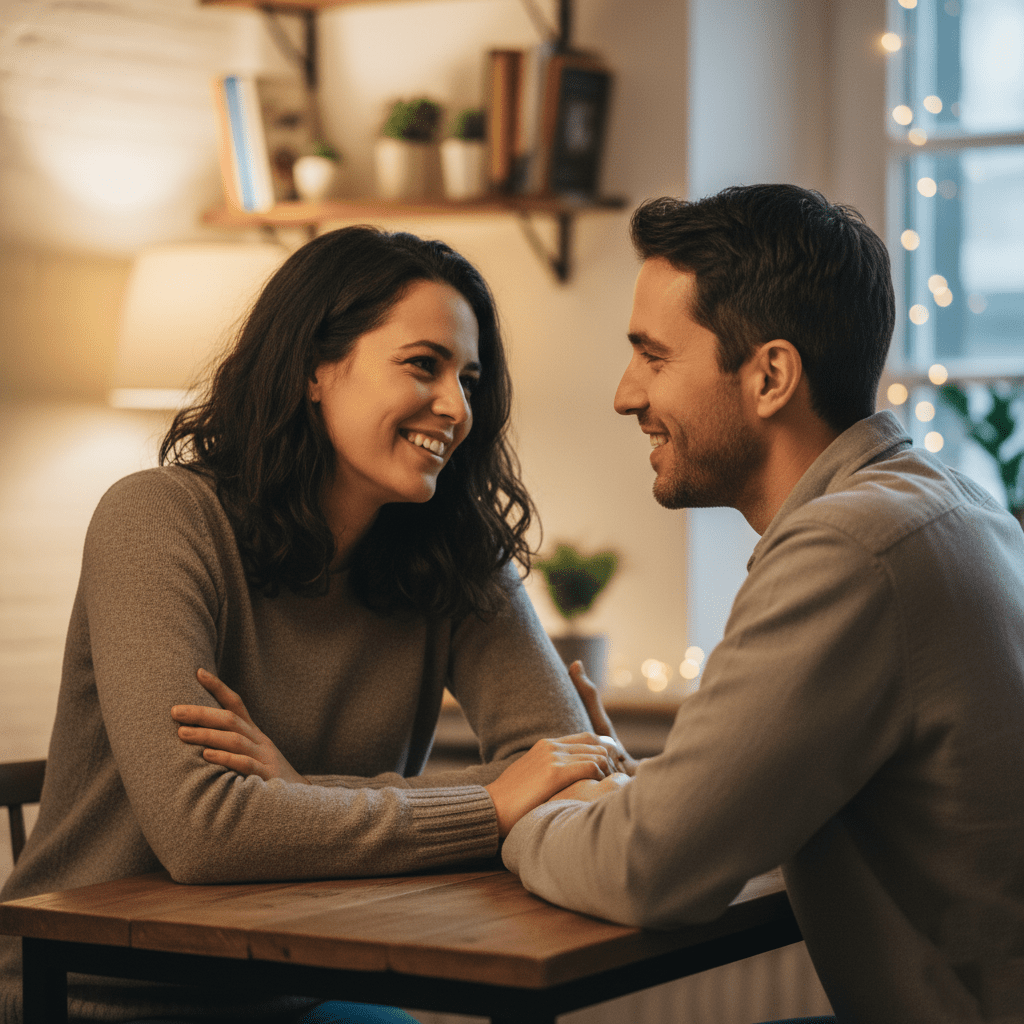 Pasangan tersenyum dan berpegangan tangan di seberang meja kayu di ruangan yang nyaman dan terang benderang.