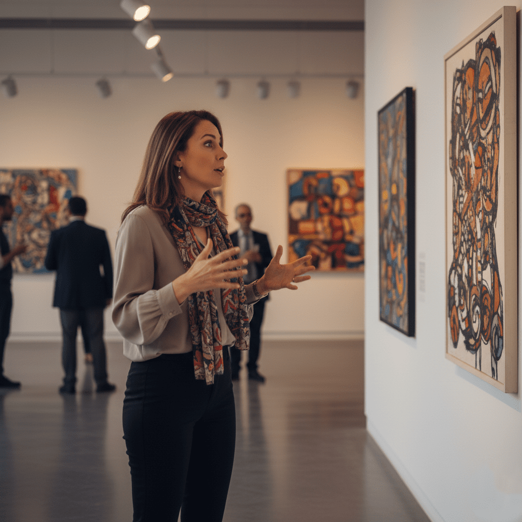 Wanita berjilbab menjelaskan lukisan abstrak di galeri seni dengan pengunjung di latar belakang