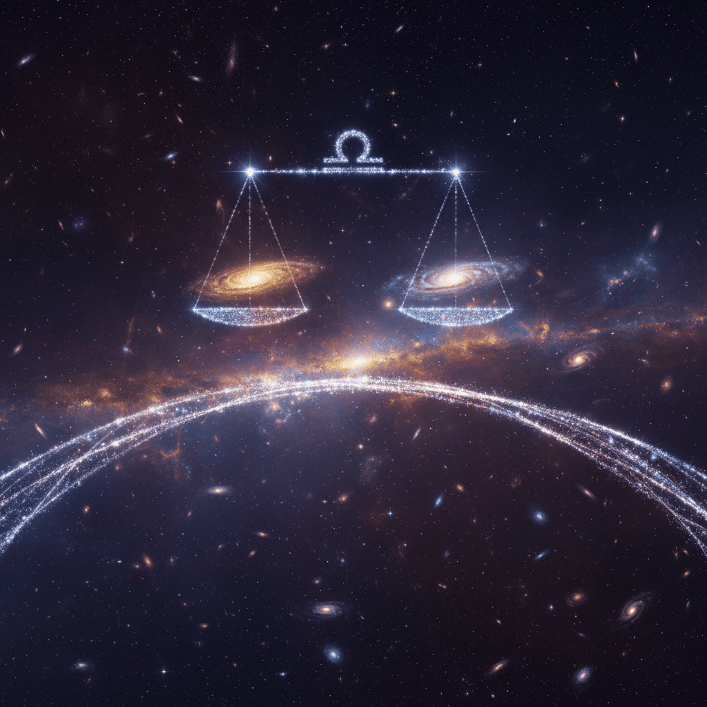 Skala kosmik dengan galaksi seimbang dan simbol zodiak Libra dengan latar belakang alam semesta berbintang.