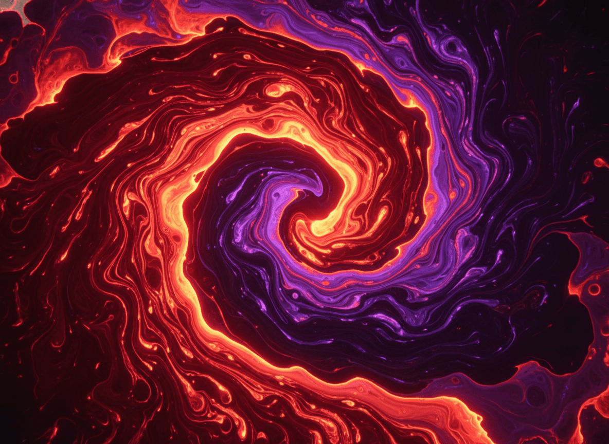 Pola abstrak berputar-putar dengan tekstur seperti cairan merah, oranye, dan ungu yang menyerupai pusaran kosmik.