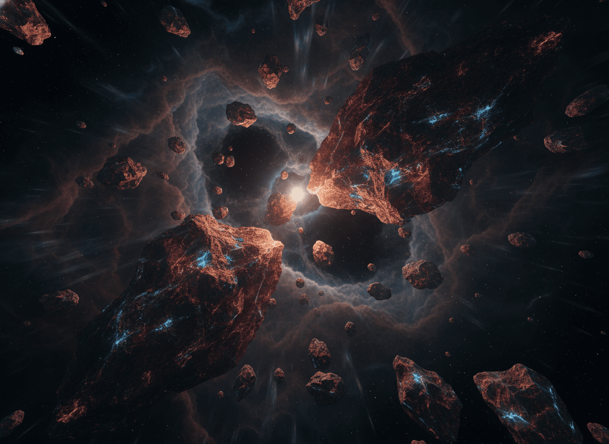 Asteroid dengan urat biru dan oranye bercahaya mengambang di angkasa dekat bintang terang dan awan kosmik yang berputar-putar.