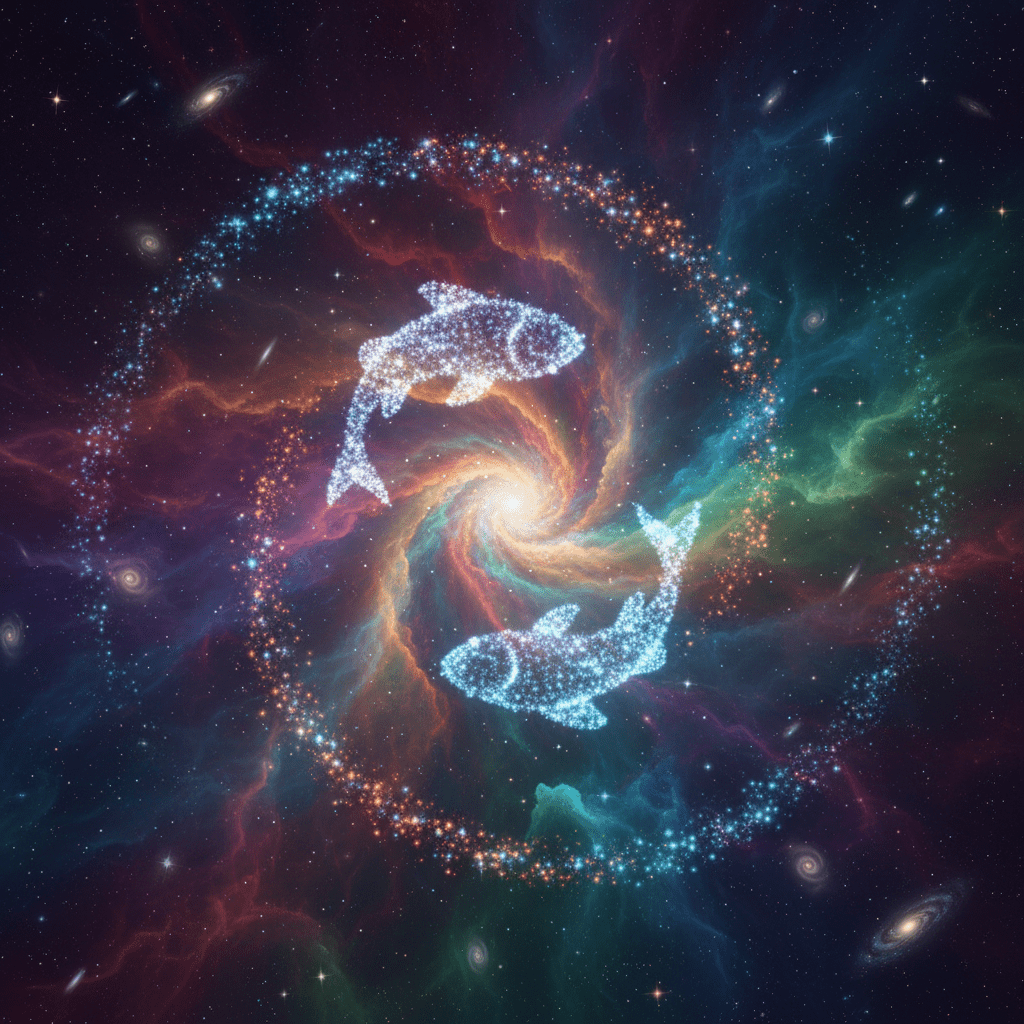 Dua konstelasi berbentuk ikan bercahaya berenang di galaksi spiral dengan awan dan bintang kosmik berwarna-warni.