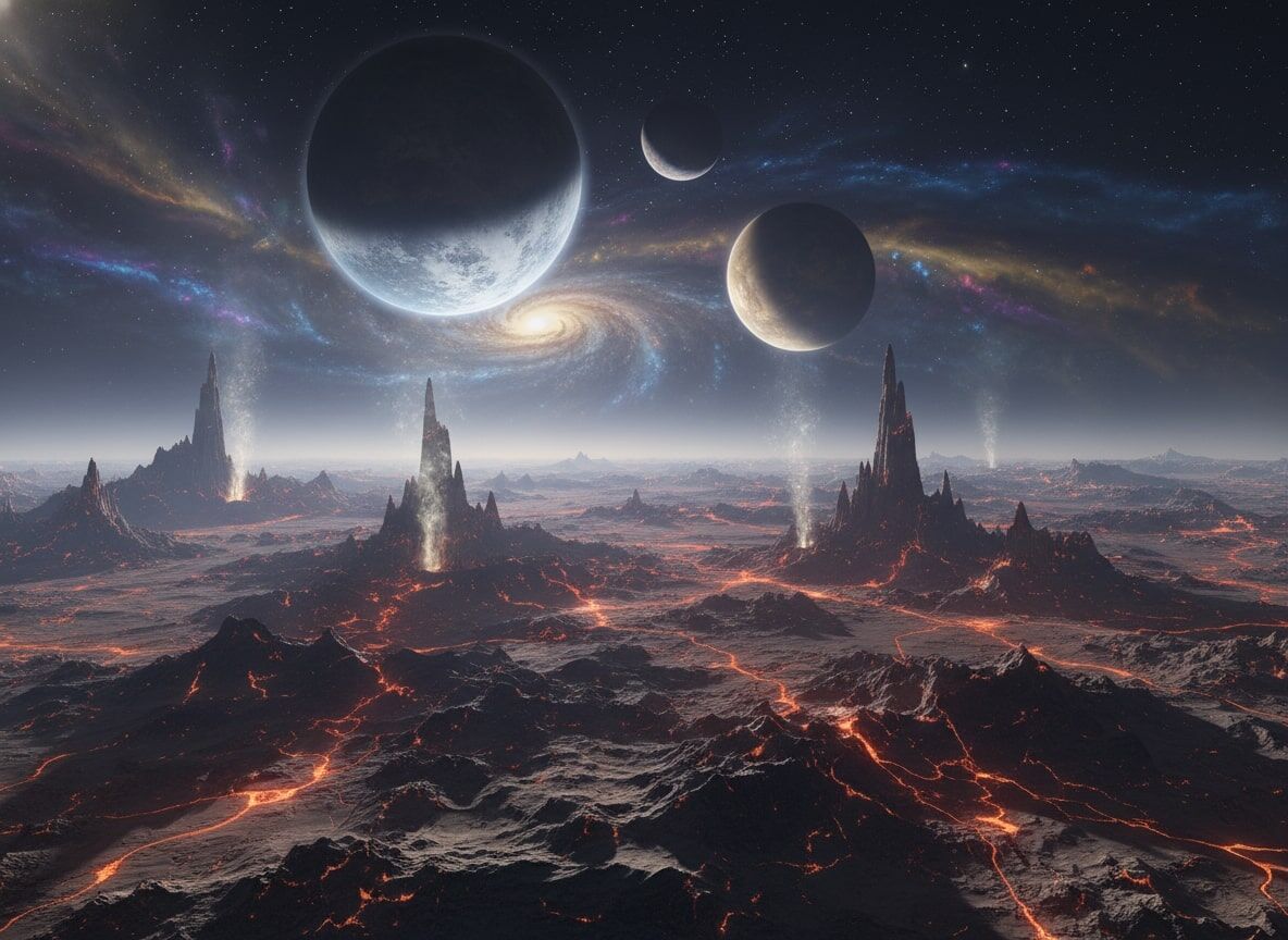 Lanskap vulkanik asing dengan menara lava yang meletus di bawah langit berbintang dengan tiga planet besar dan galaksi spiral.