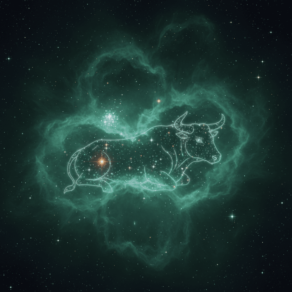 Konstelasi Taurus diuraikan dalam nebula hijau melawan langit malam berbintang.