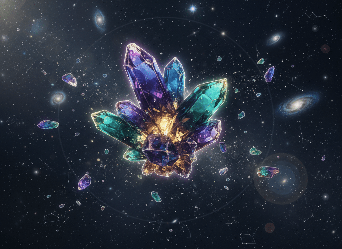 Gugus kristal warna-warni bersinar mengambang di angkasa dengan galaksi dan konstelasi di latar belakang.