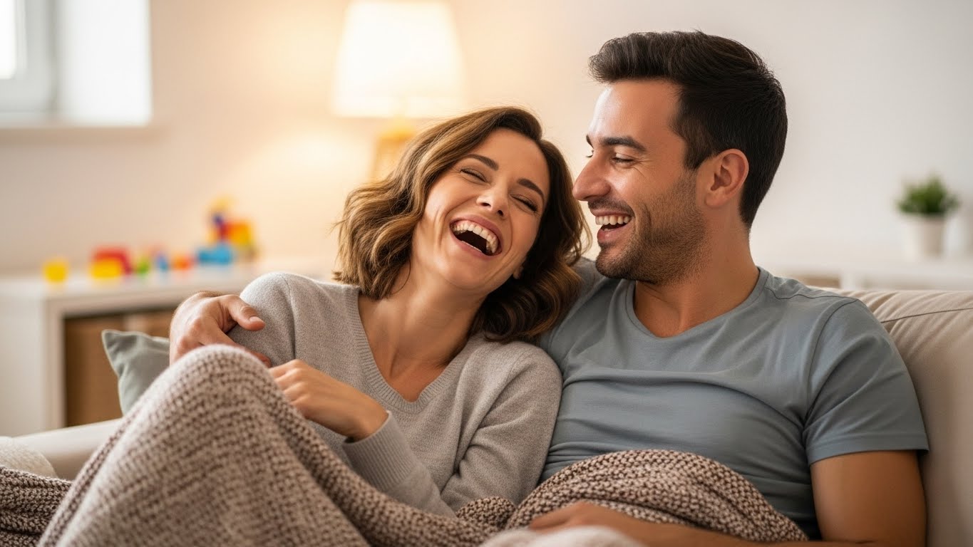 Pasangan tertawa bersama di sofa terbungkus selimut rajutan di ruang tamu yang nyaman