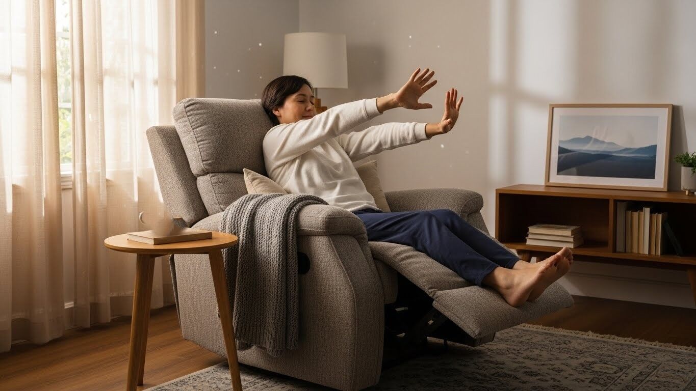 Seseorang melakukan peregangan sambil duduk di kursi abu-abu bersandar di ruang tamu yang nyaman