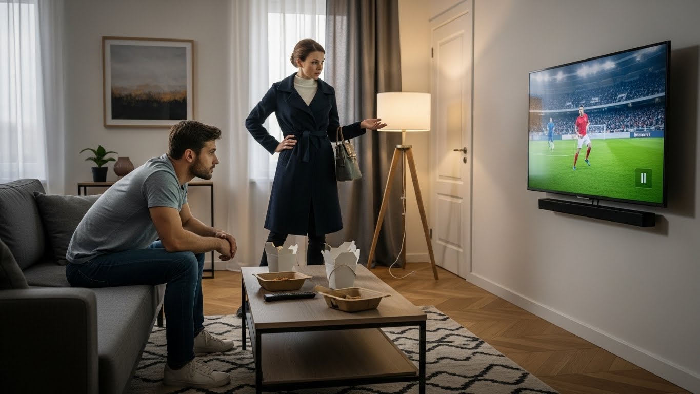 Wanita bermantel berbicara dengan pria yang duduk menonton pertandingan sepak bola di TV di ruang tamu