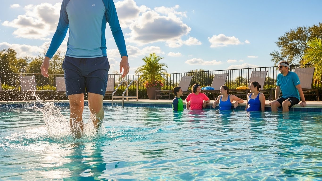 Orang dengan pakaian renang biru berjalan di kolam renang dengan sekelompok orang duduk di tepi kolam renang di latar belakang pada hari yang cerah