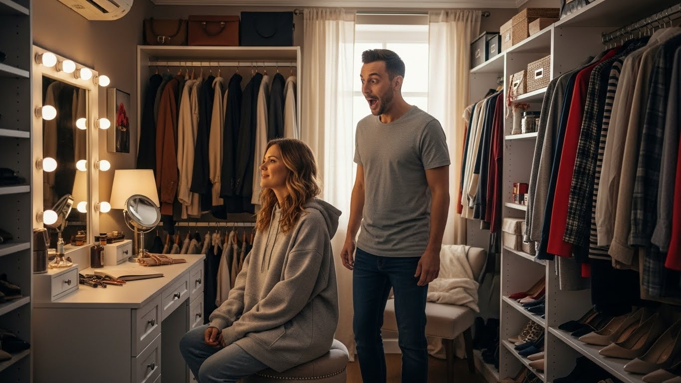 Pria dengan penuh semangat memperhatikan wanita yang duduk di meja rias di lemari pakaian yang penuh dengan pakaian dan sepatu