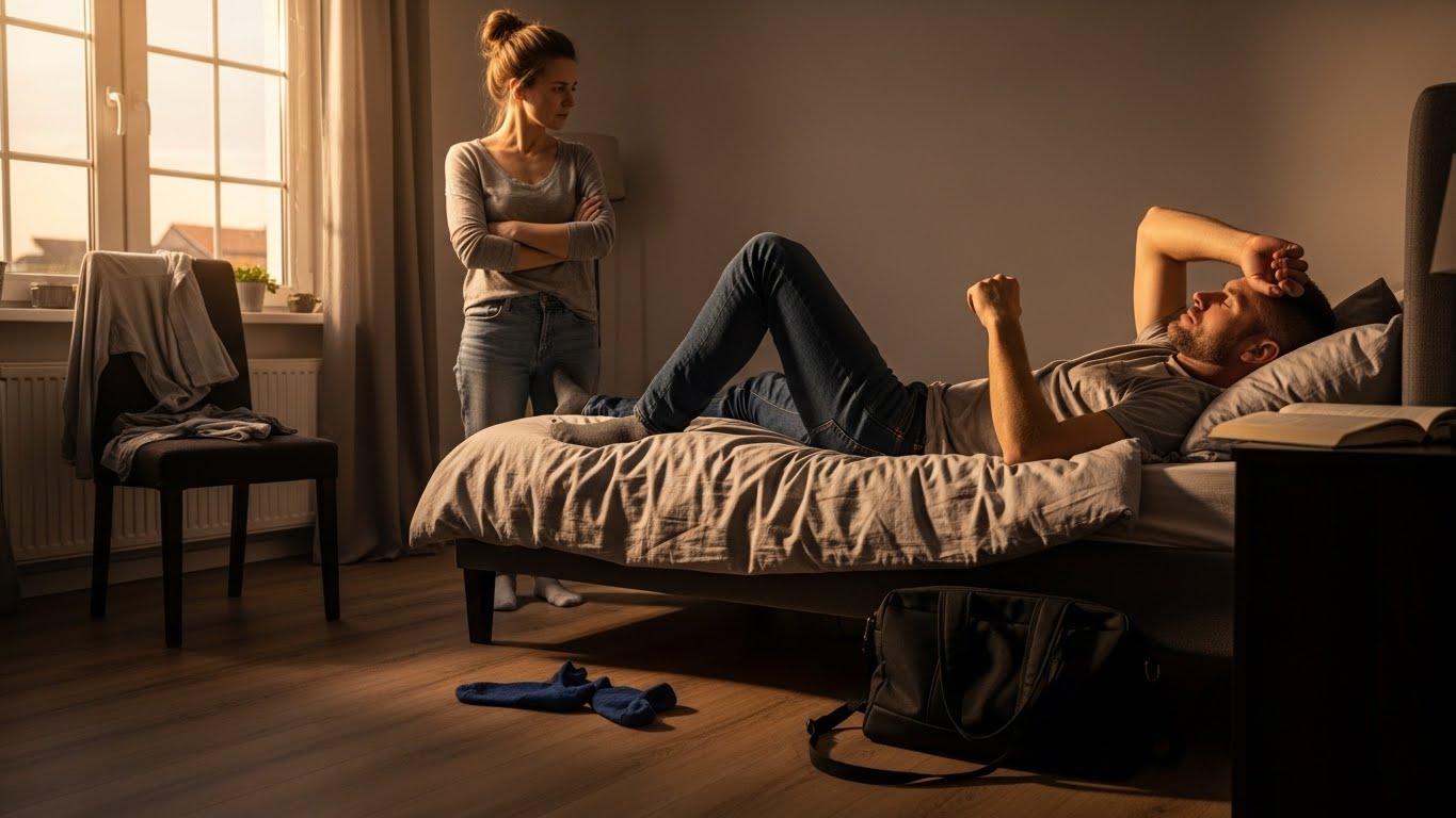 Wanita berdiri dengan tangan bersilang memandangi pria yang terbaring di tempat tidur dengan tangan di dahi di ruangan yang remang-remang