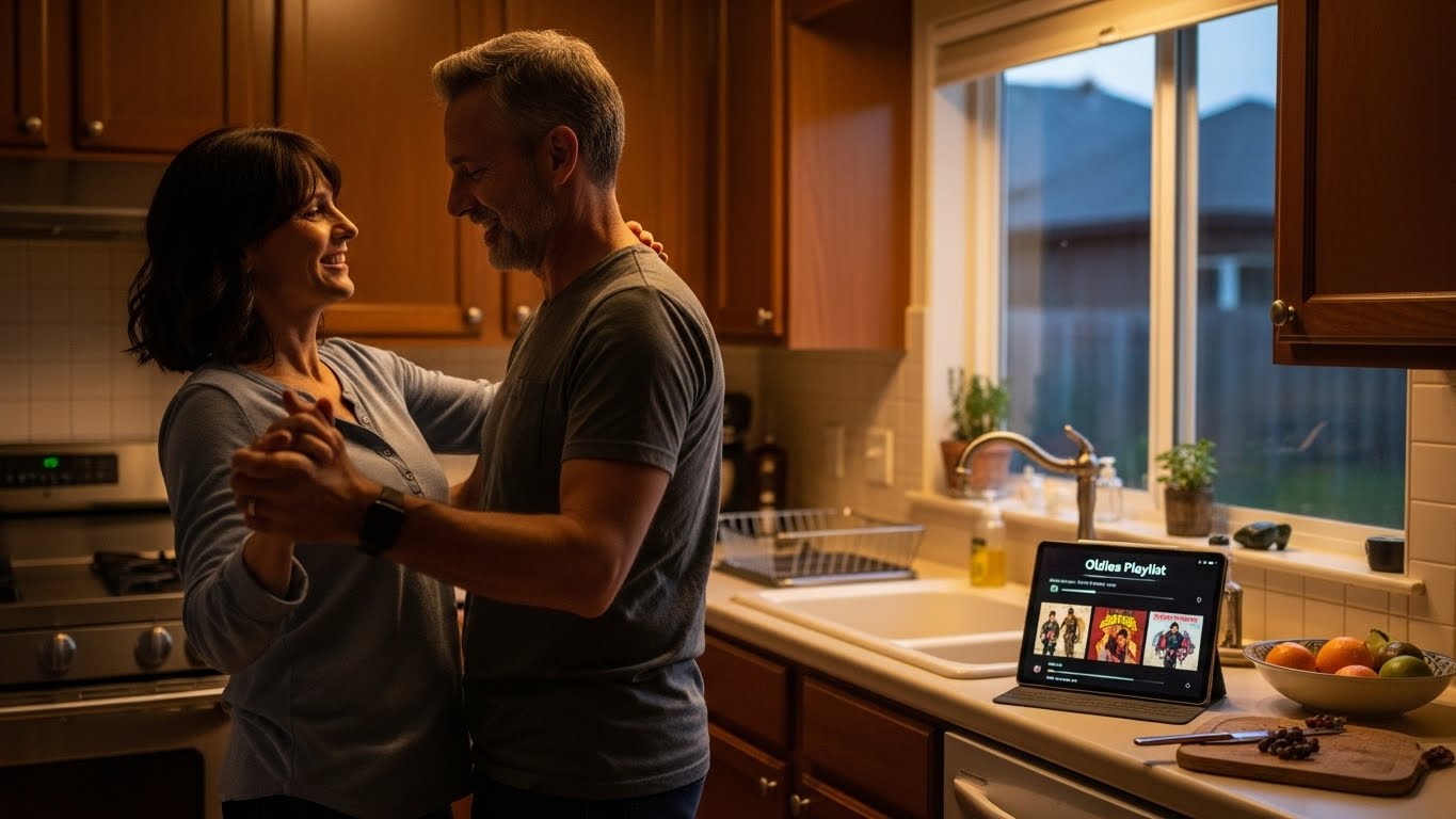 Pasangan menari di dapur dekat tablet memainkan playlist musik lama saat senja.