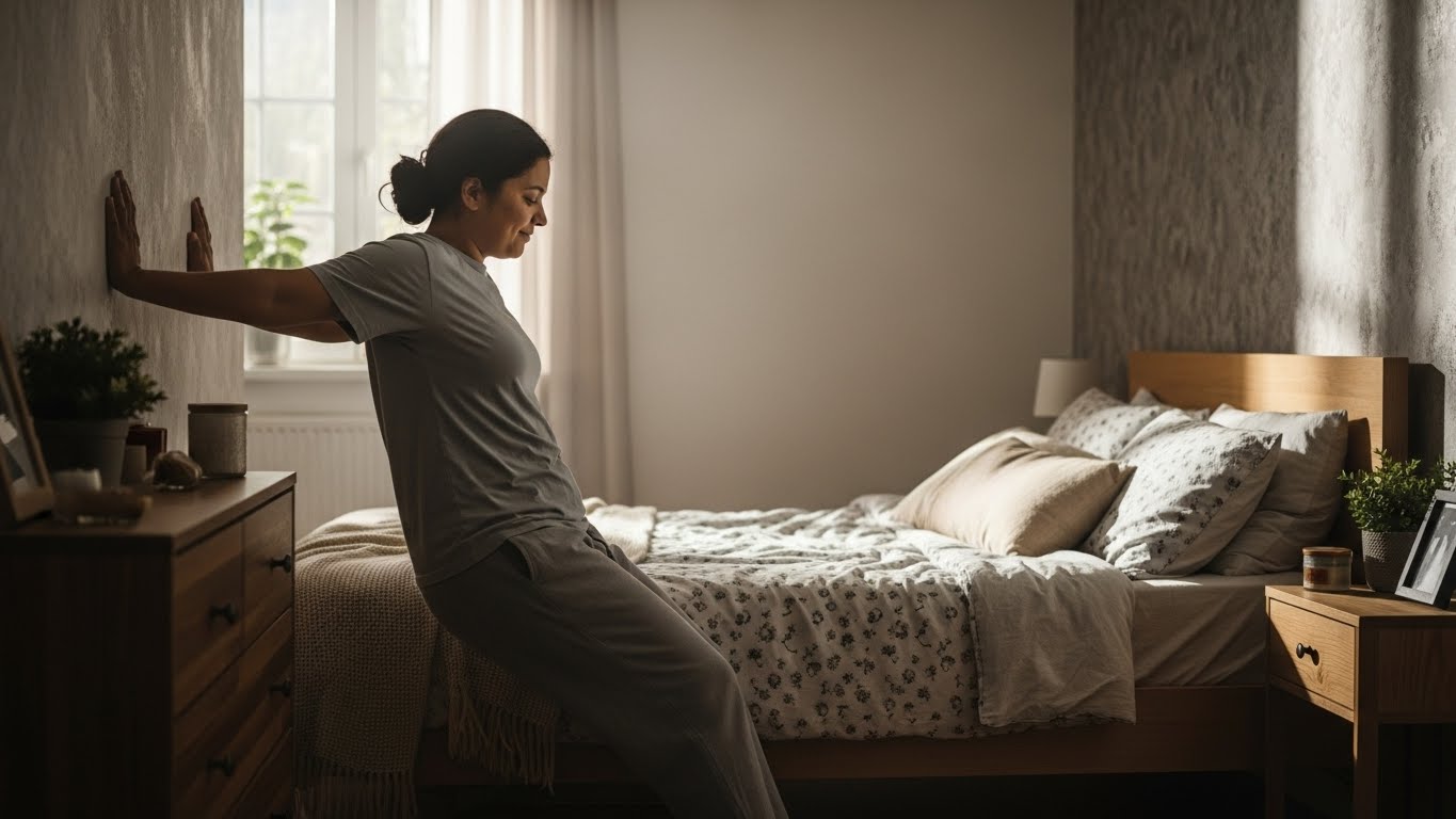 Wanita dengan piyama abu-abu merentangkan tangan ke dinding di samping tempat tidur di kamar tidur yang terang benderang