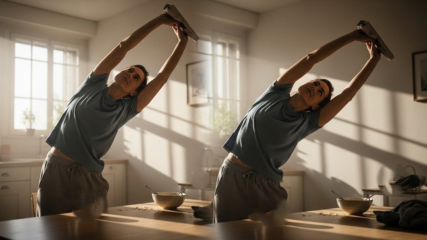 Wanita yang meregangkan tubuh dengan tangan terangkat memegang koran di dapur yang diterangi matahari dekat meja dengan semangkuk sereal.