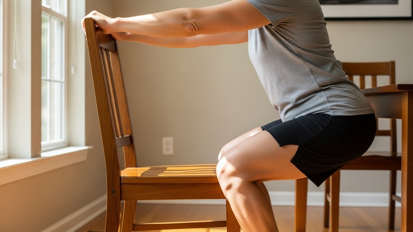 Orang yang melakukan latihan kursi jongkok di dalam ruangan mengenakan kemeja abu-abu dan celana pendek hitam.