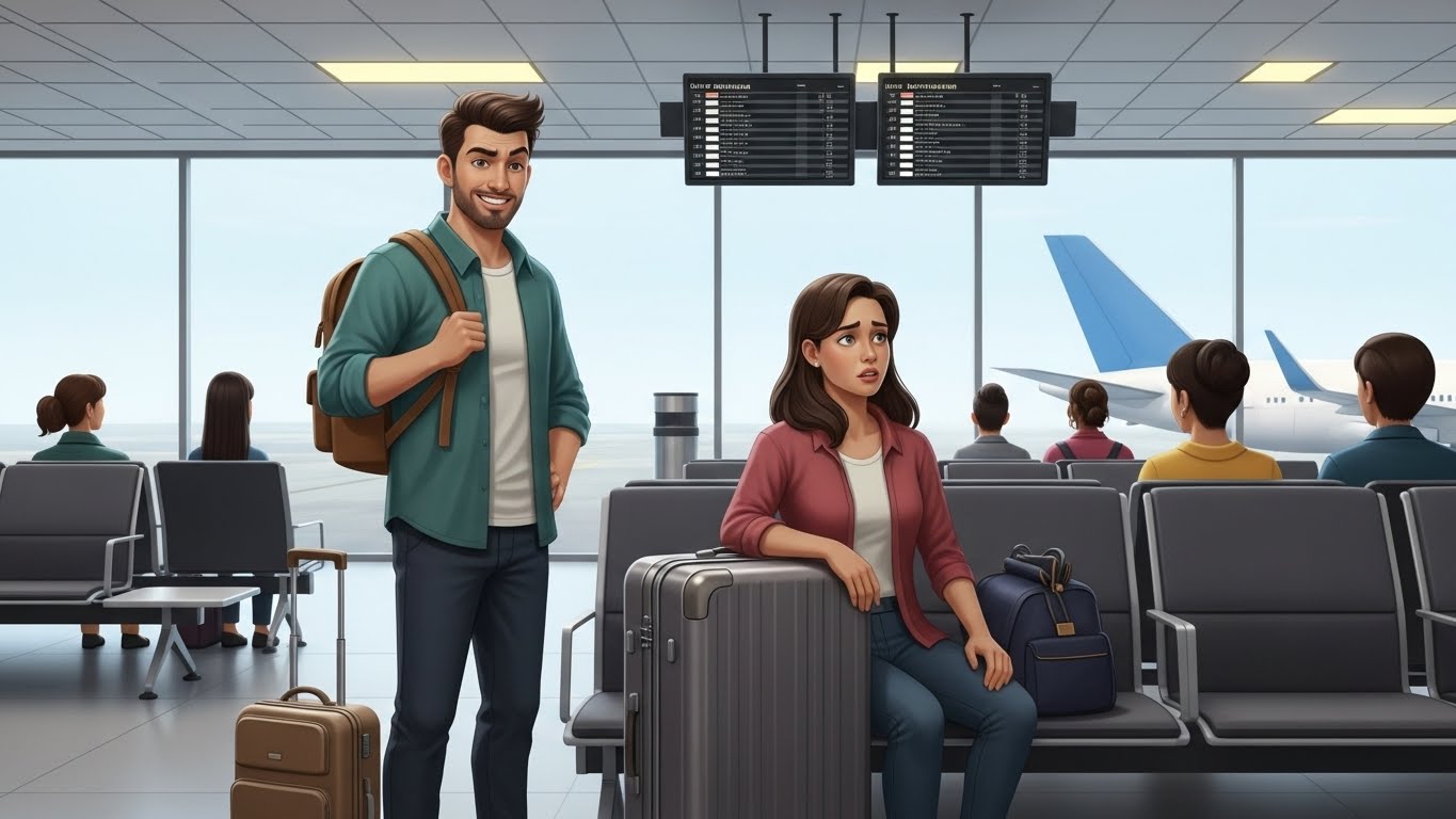 Pria dengan ransel berdiri dan tersenyum di samping wanita khawatir duduk dengan barang bawaan di terminal bandara dekat pesawat.