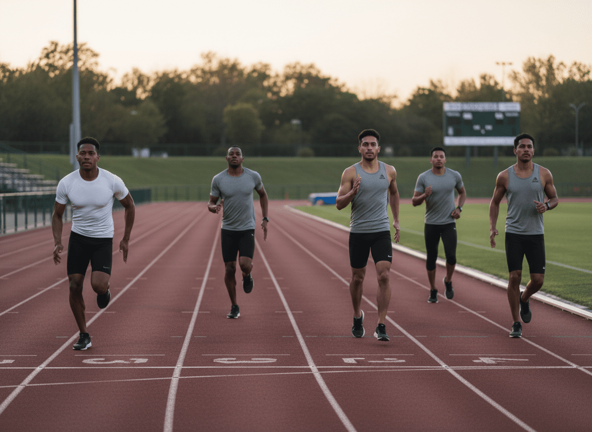 Lima pria berlari di lintasan luar ruangan saat matahari terbenam mengenakan perlengkapan atletik dari Nike dan Adidas.