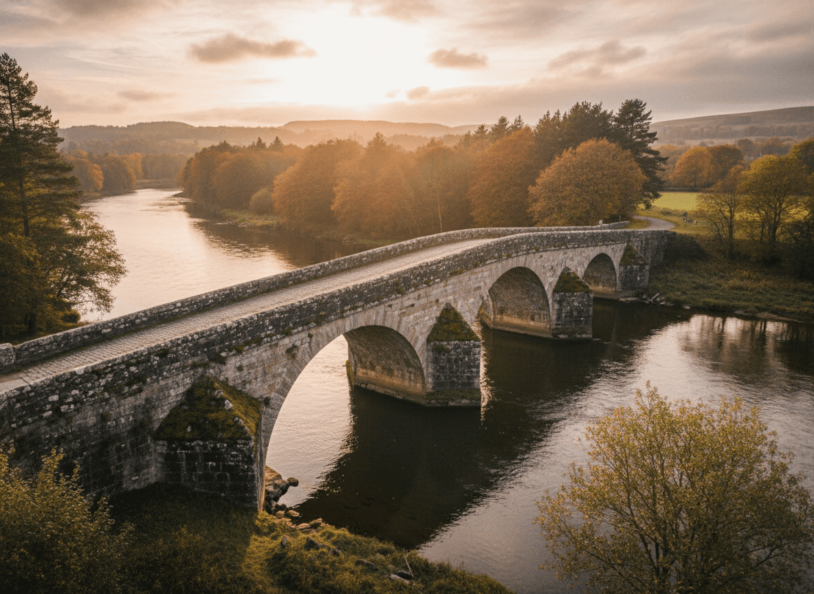 Jembatan lengkung batu di atas sungai yang tenang dikelilingi pepohonan musim gugur saat matahari terbenam