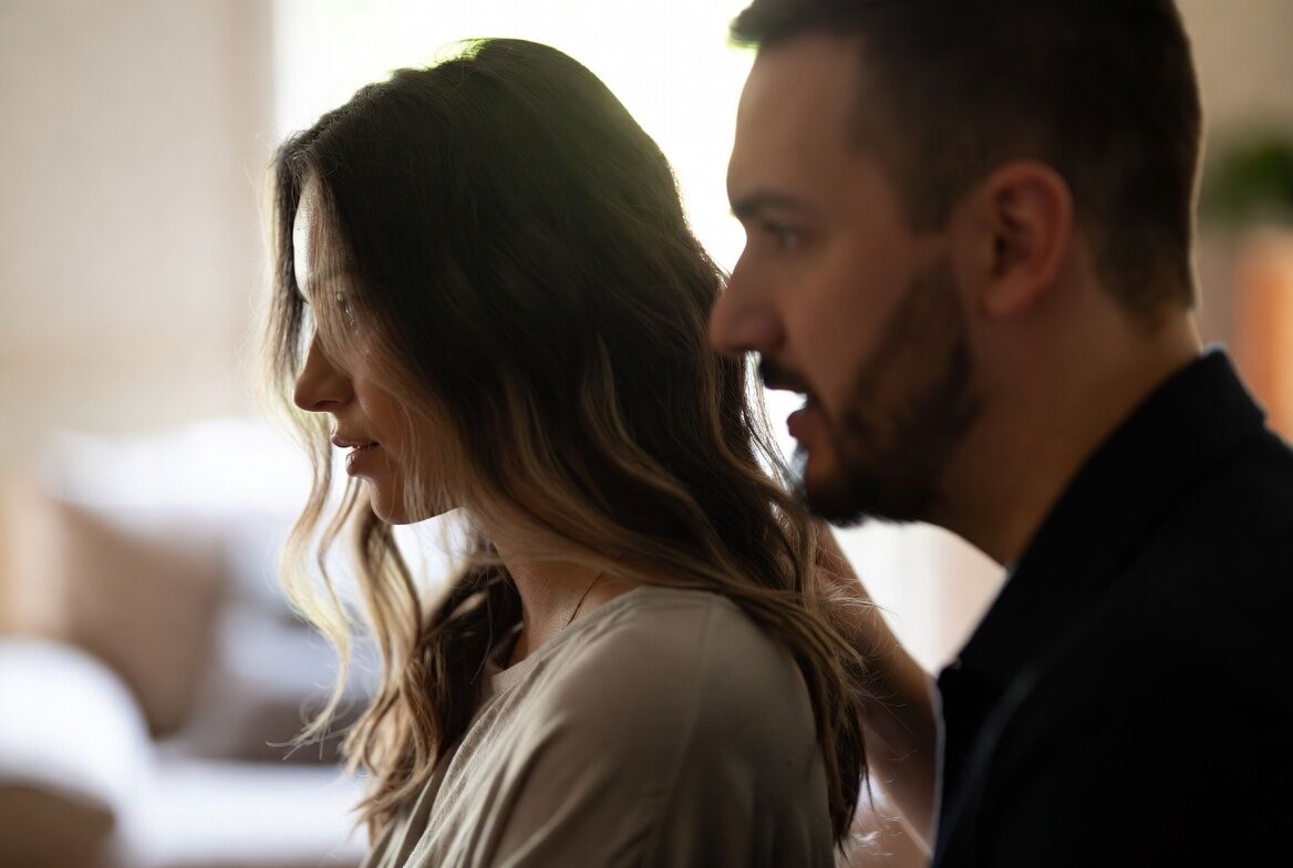 Pria menghibur wanita dengan rambut panjang bergelombang dalam suasana dalam ruangan yang terang benderang