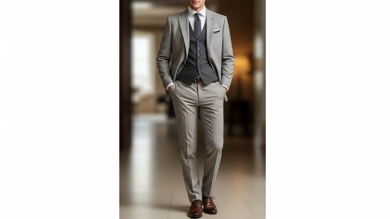 Pria berjas abu-abu muda dengan rompi abu-abu tua, kemeja putih, dasi biru, dan sepatu coklat berdiri di dalam ruangan.