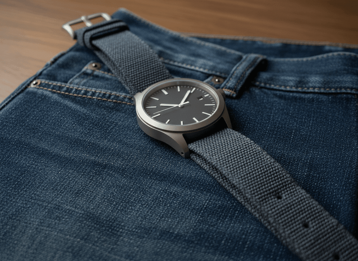 Jam tangan hitam minimalis dengan strap kain abu-abu pada saku jeans denim biru