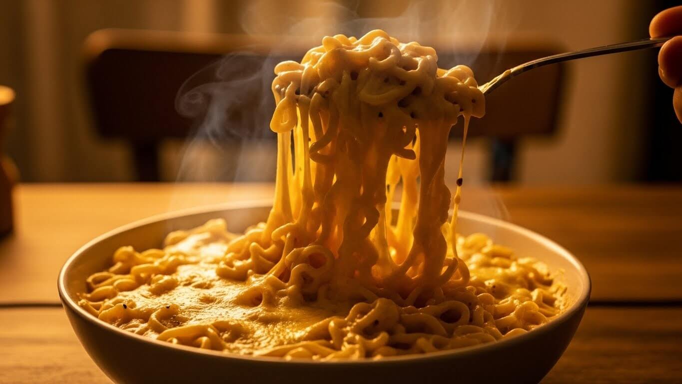 Makaroni dan keju panas yang mengepul diangkat dengan garpu dari mangkuk di atas meja kayu.