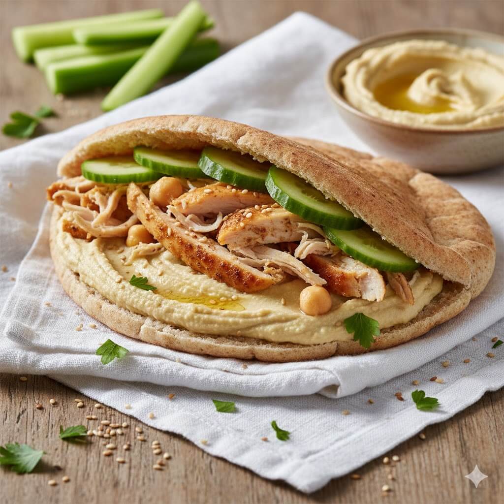 Sandwich pita dengan ayam panggang, irisan mentimun, buncis, dan hummus di atas meja kayu dengan batang seledri dan mangkuk hummus di dekatnya