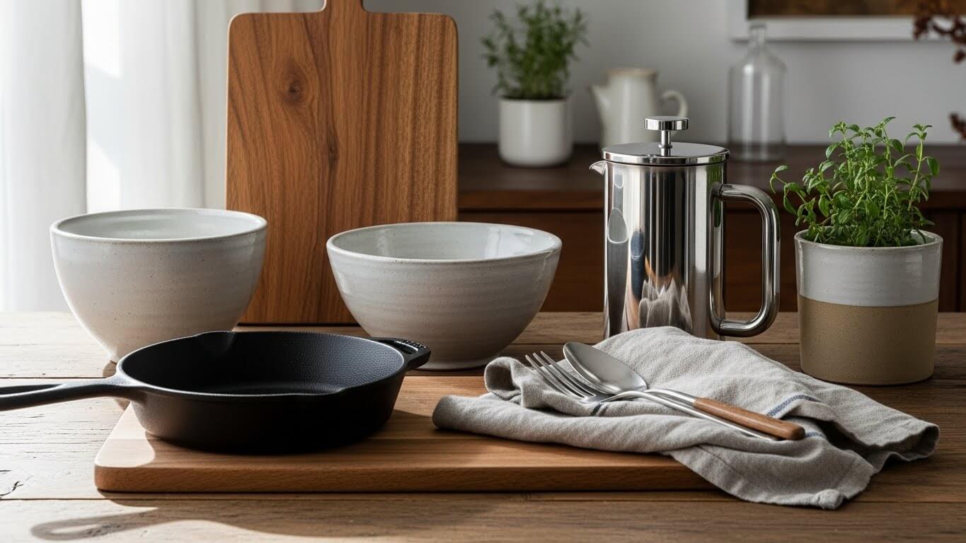 Wajan besi cor, mangkuk keramik, alat press Prancis, peralatan makan di atas kain, talenan kayu, dan pot ramuan di atas meja kayu