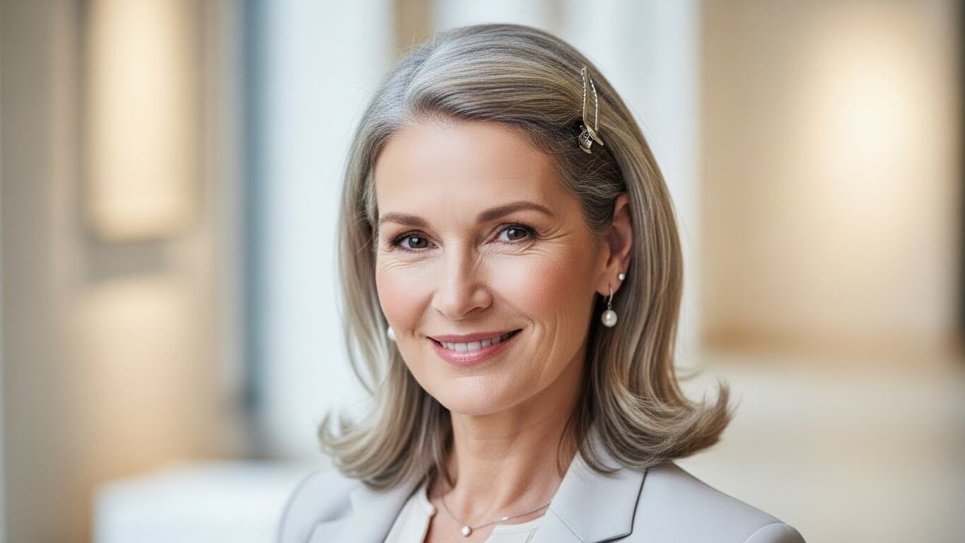 Wanita paruh baya tersenyum dengan rambut abu-abu, anting-anting mutiara, dan blazer abu-abu muda dalam suasana ruangan yang terang benderang.